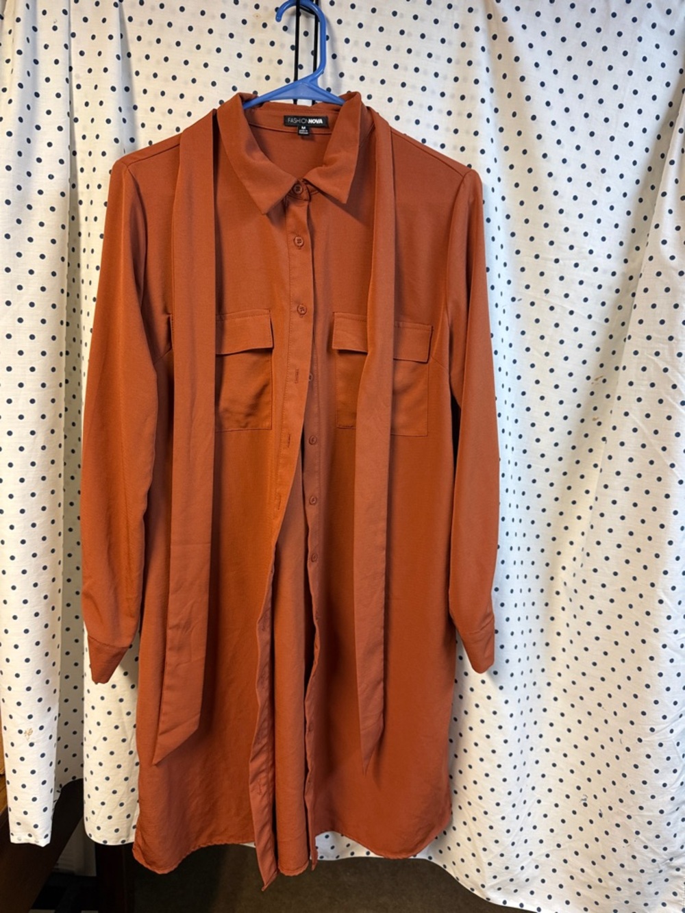 Fashion Nova Burnt Orange Button-Front Shirt Dress with Neck Ties